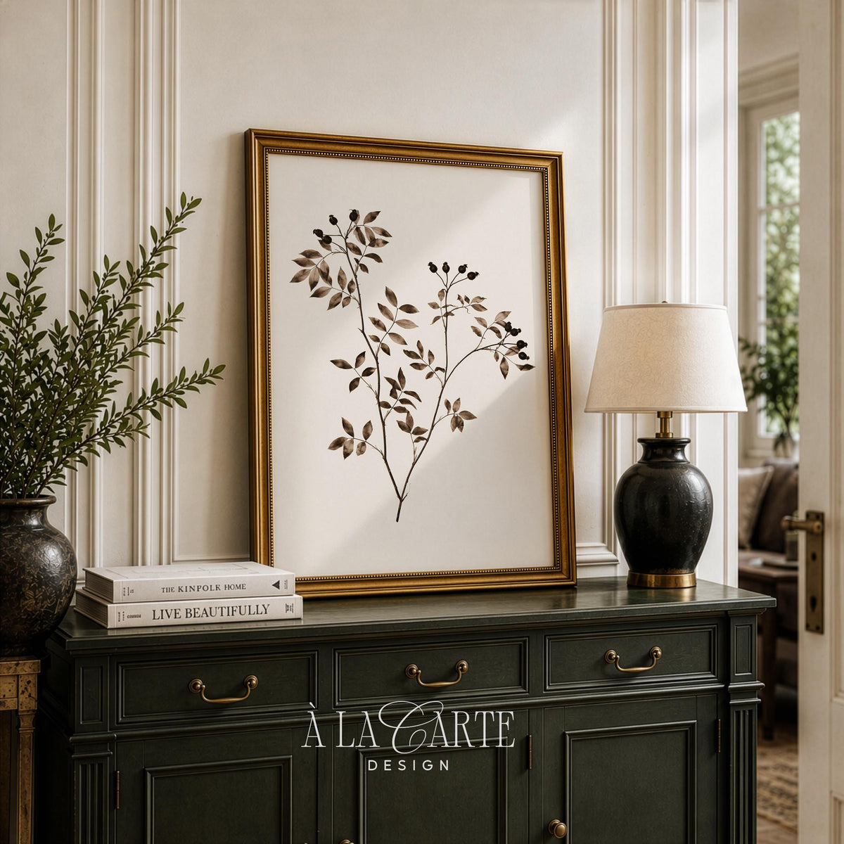 Botanical branch with berries printable art for living room — sepia-toned scientific plant study with minimal farmhouse charm