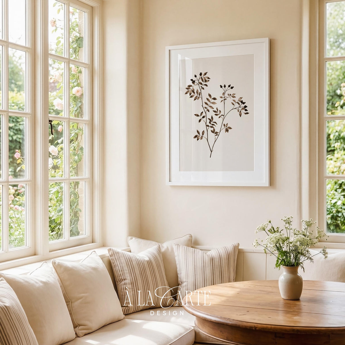 Pressed flower study digital print for entryway — understated nature-inspired artwork with soft watercolor washes and muted tones