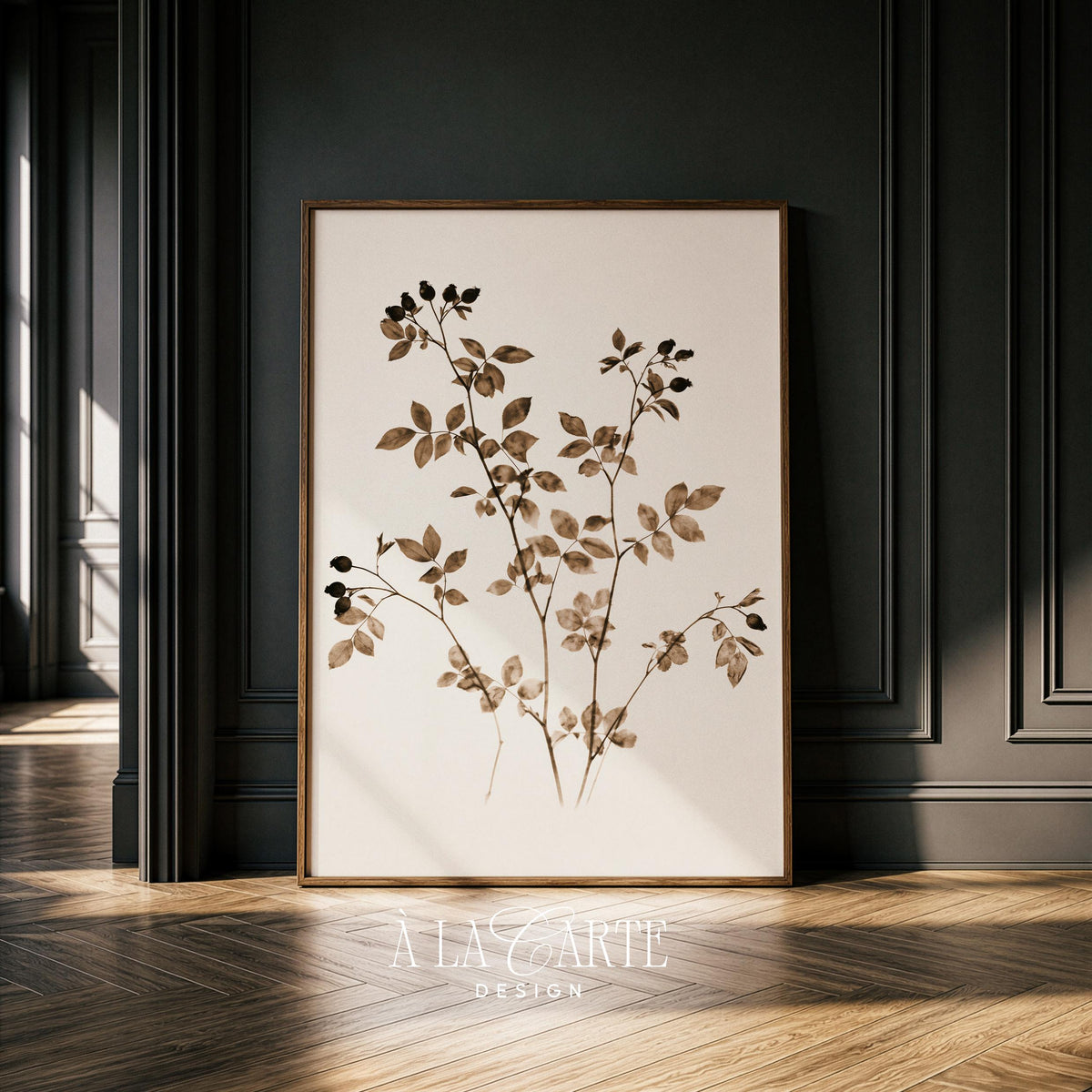 Sepia-toned plant wall art with minimal berry clusters and refined botanical linework