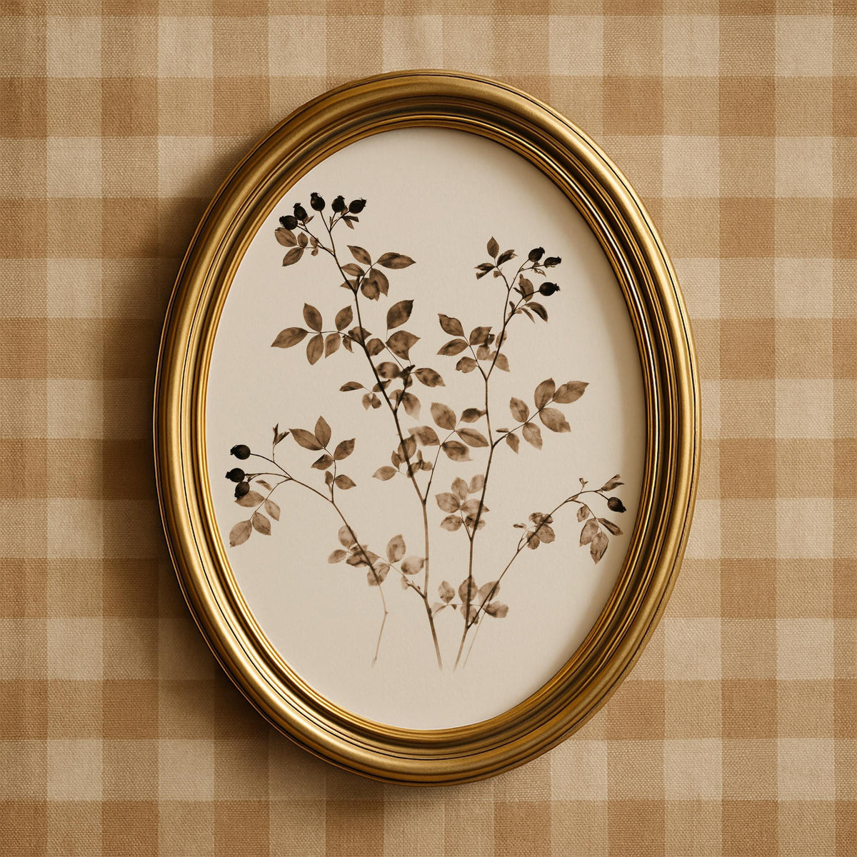 Neutral botanical wall decor — fine-lined stems and foliage in warm sepia and cream