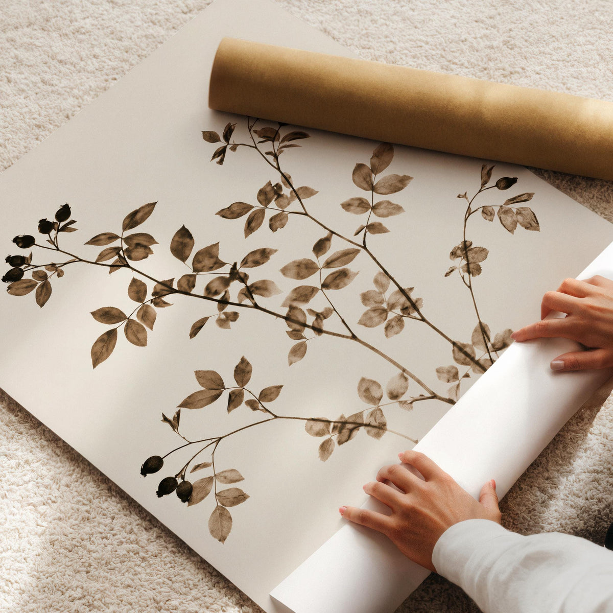 Large wall art botanical study featuring soft-shaded leaves and berry stems in vintage style