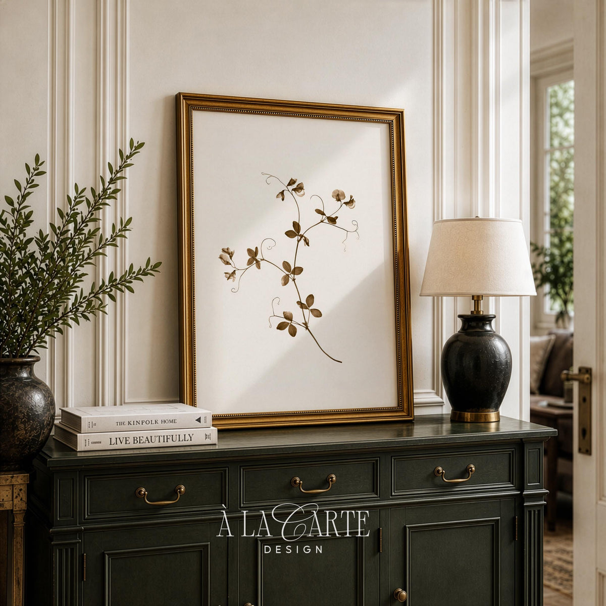 Minimalist floral artwork with organic tendrils — neutral plant illustration for gallery wall, soft vintage palette and understated elegance