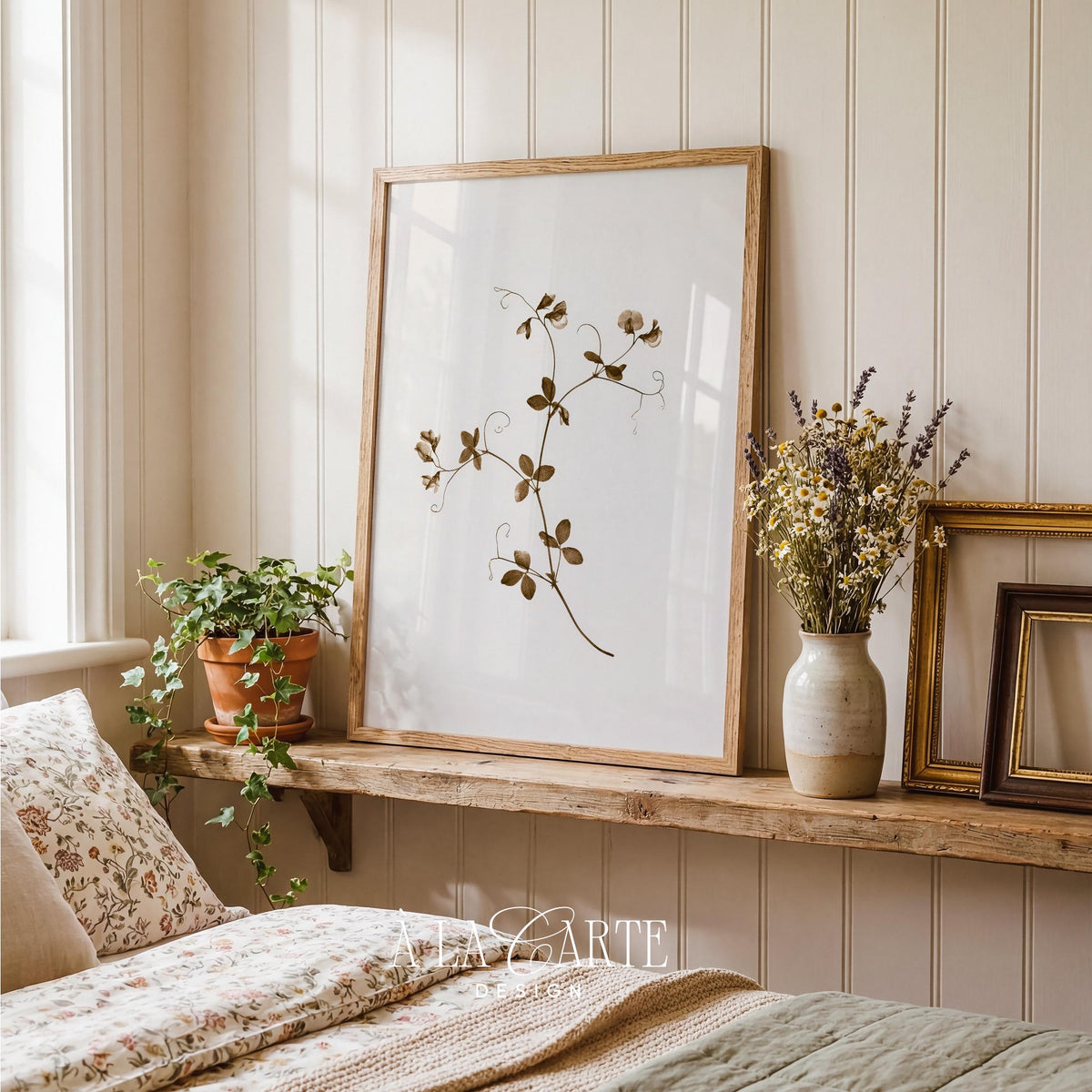 Delicate climbing vine printable art for living room — minimal botanical illustration with soft sepia tones and pressed-flower aesthetic