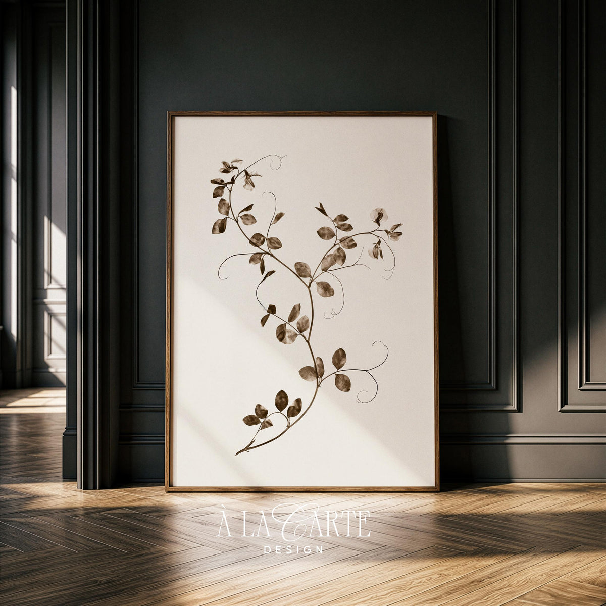 Minimalist pressed-plant wall artwork — antique-style botanical study featuring tendrils in neutral warm hues
