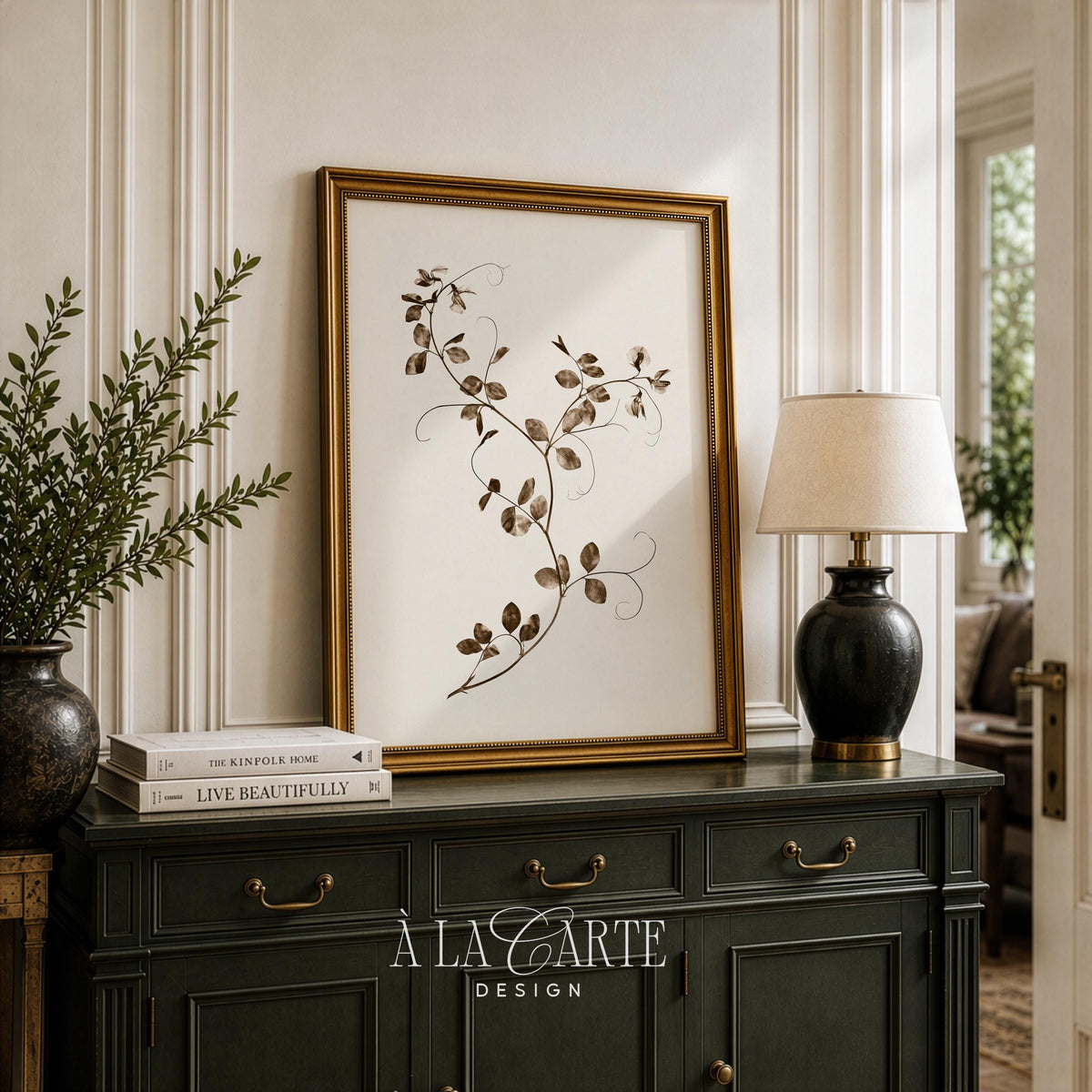 Trailing vine botanical printable art for bedroom — delicate pressed-leaf illustration in sepia tones and cream
