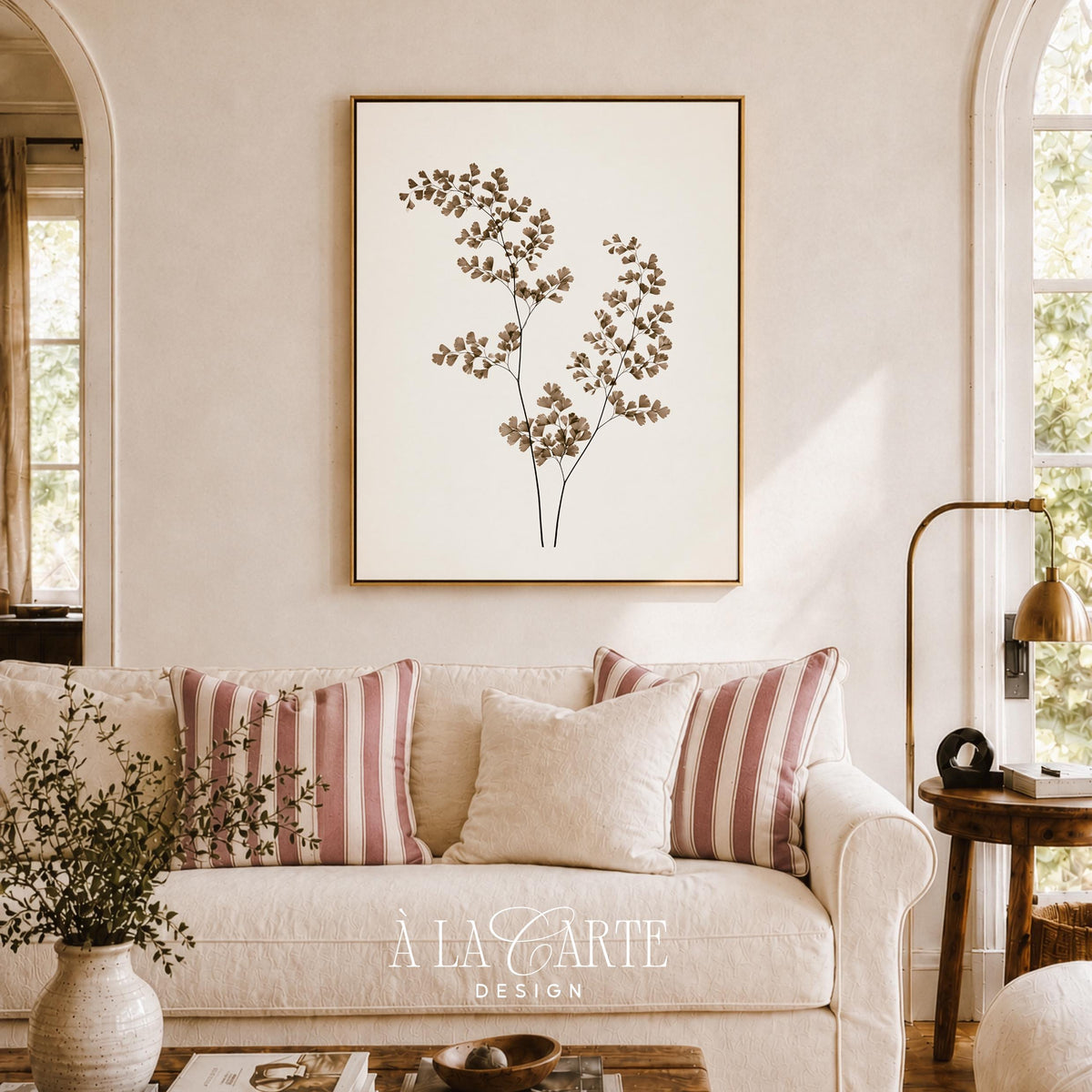 Pressed-leaf wall art printable — minimalist nature design with thin branches and round foliage, soothing neutral color scheme