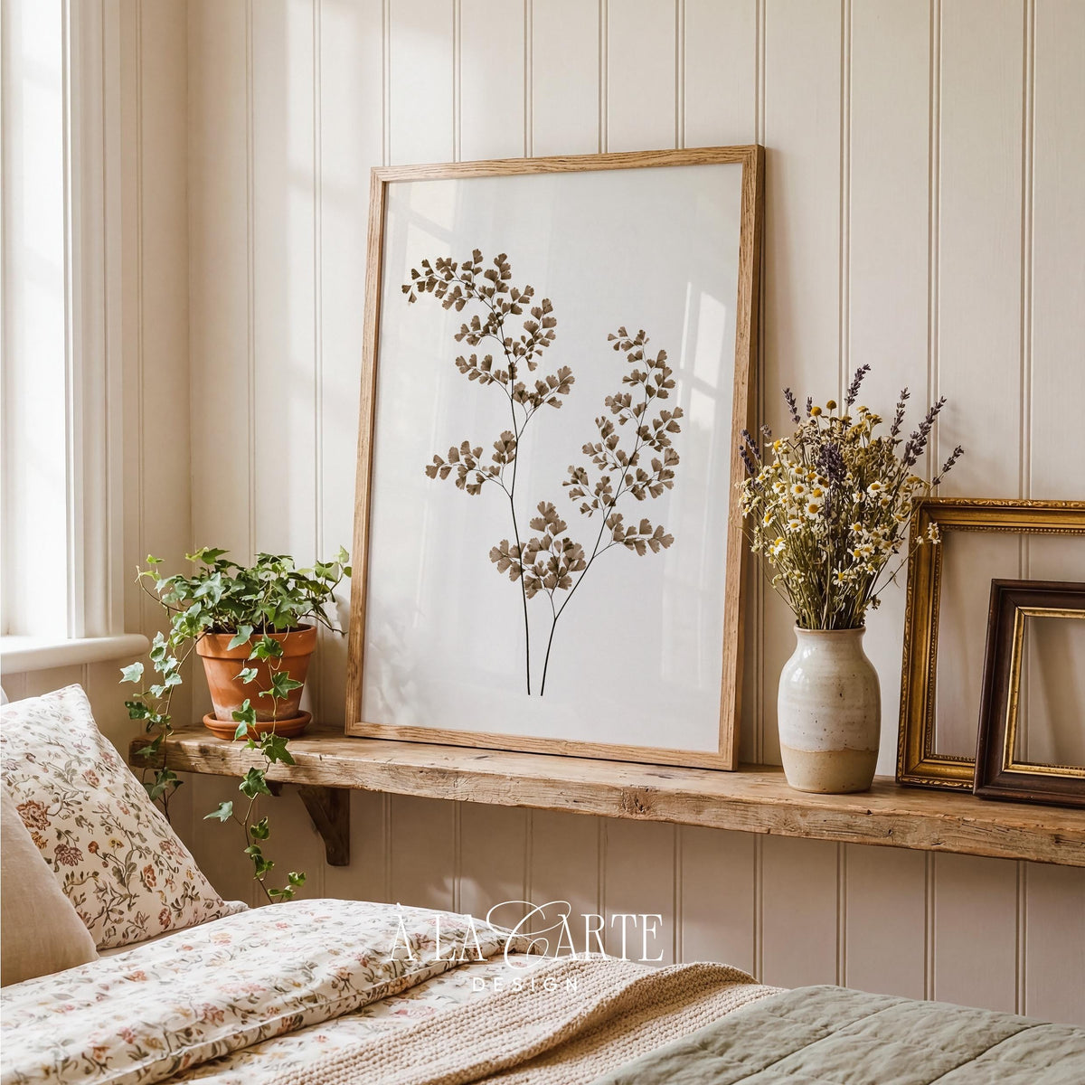 Neutral stem illustration wall art — cottage-style botanical print featuring organic leaf arrangement in gentle, naturalistic tones