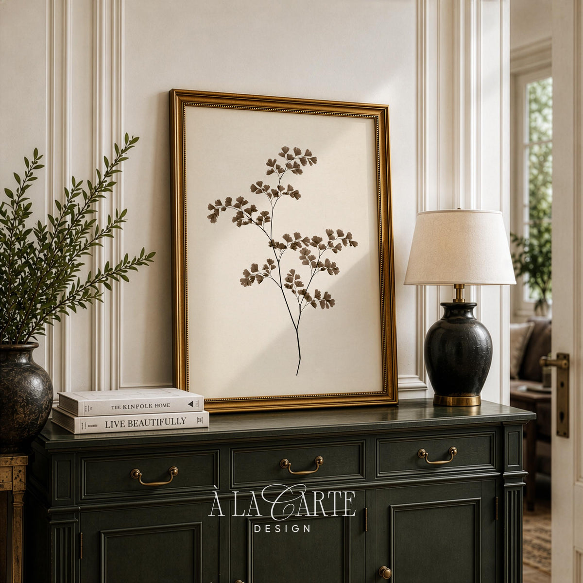 Botanical line drawing wall decor showcasing slender stem and round leaflets in sepia-toned vintage style