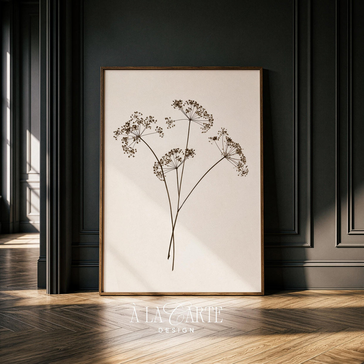 Minimalist wildflower printable art — botanical line illustration in soft sepia with antique herbarium pressed-flower look