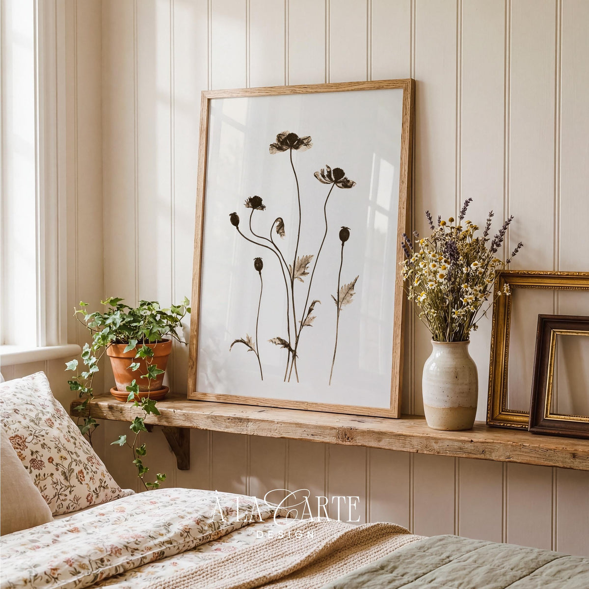 Fine-line wildflower digital download wall art — minimalist botanical stems with understated romantic appeal