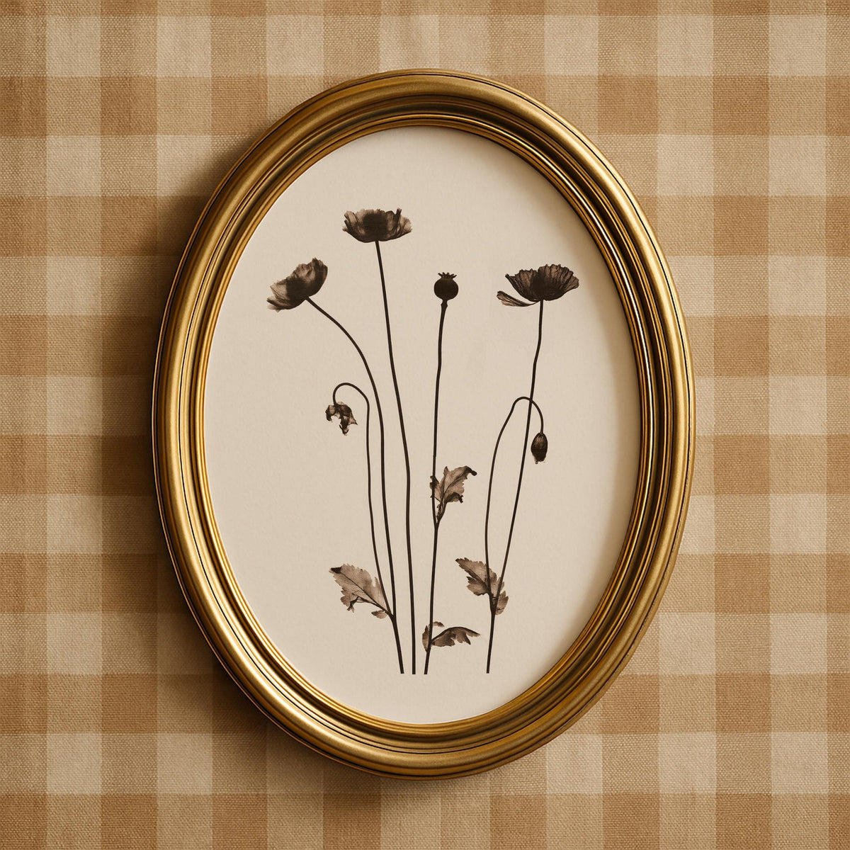 Minimal botanical poppy flowers printable art — sepia-toned line illustration with delicate stems and seed pods on cream background