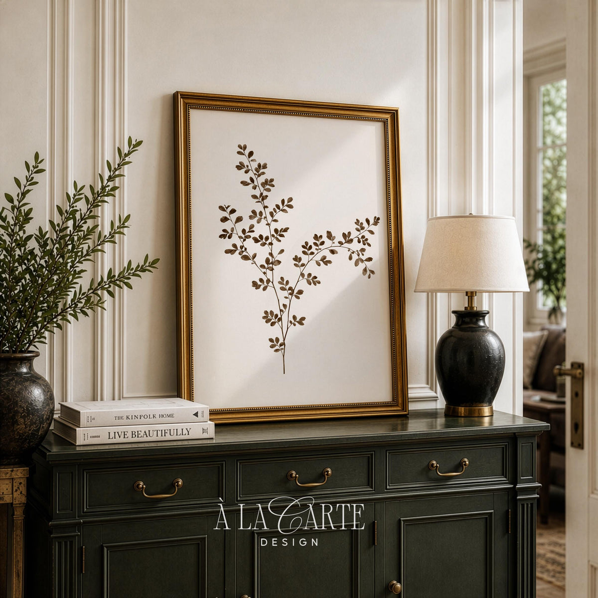 Minimalist plant branch poster for bedroom — muted brown botanical print inspired by aged nature studies and farmhouse style