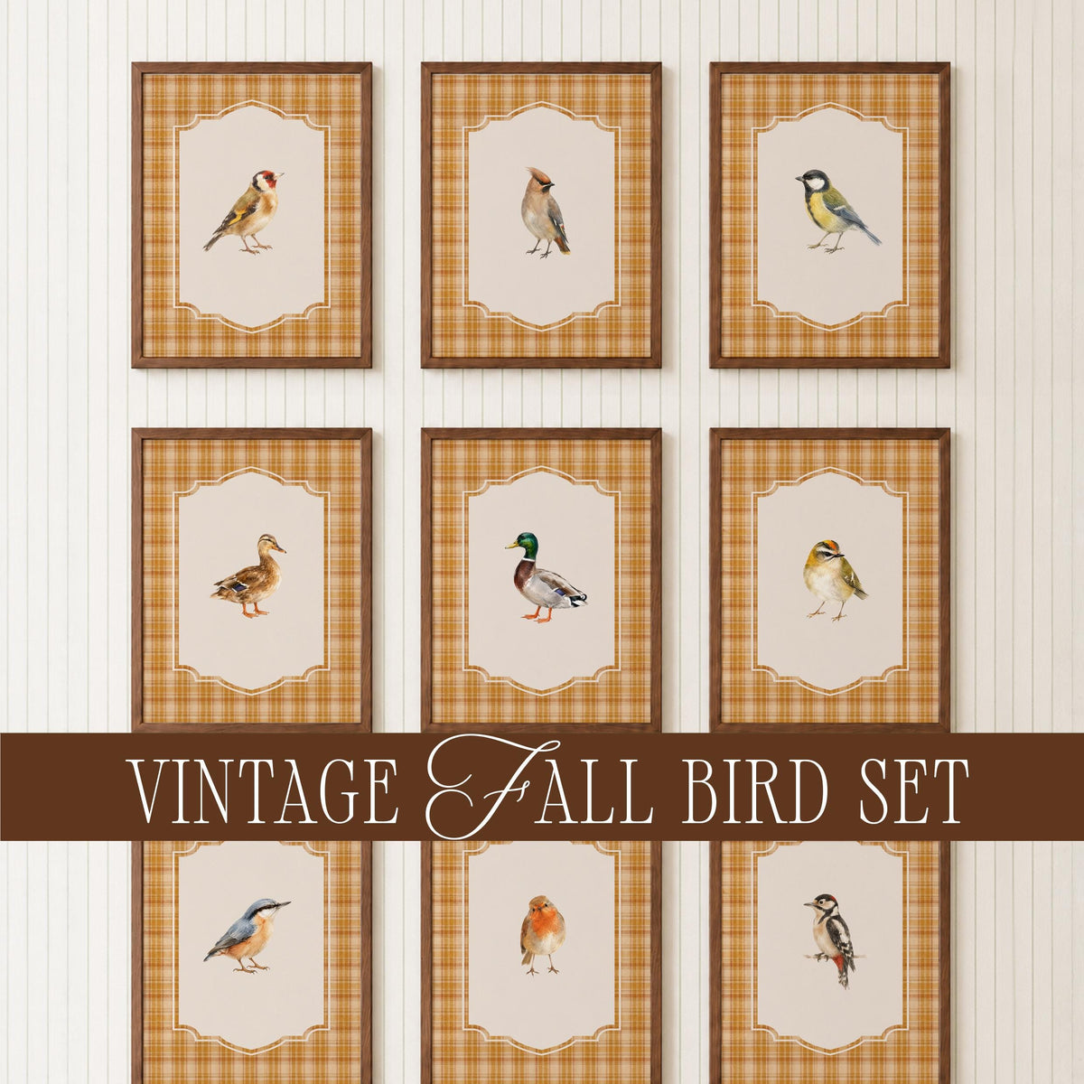 Vintage Fall Bird Wall Art Set of 15, Cottagecore Plaid Prints, Woodland Bird Illustrations Collection, French Country Decor Bundle B3