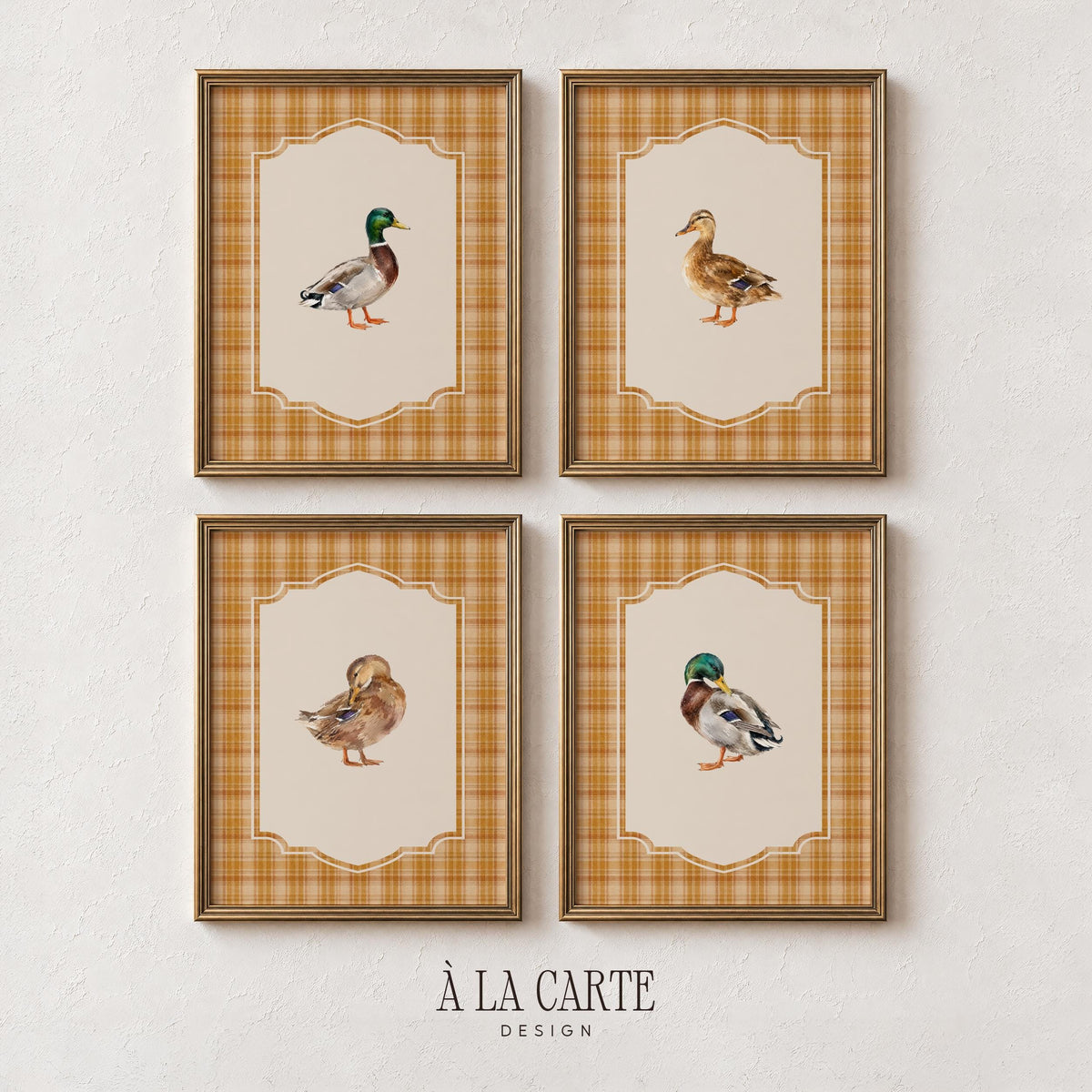 Farmhouse waterfowl gallery wall printable pack for entryway — warm cream background with cozy plaid and detailed vintage birds
