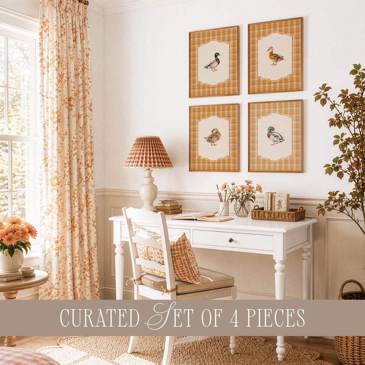 French country duck artwork bundle poster collection — four coordinating fowl illustrations with vintage scalloped framing