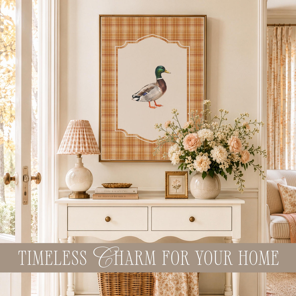 Fall plaid duck picture set digital download for hunting lodge — warm cream and tan vintage-style bird artwork