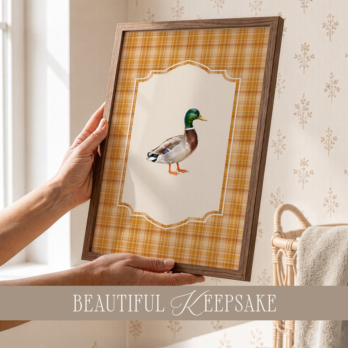 Vintage mallard duck gallery wall set printable art for farmhouse — four coordinating designs with golden plaid background