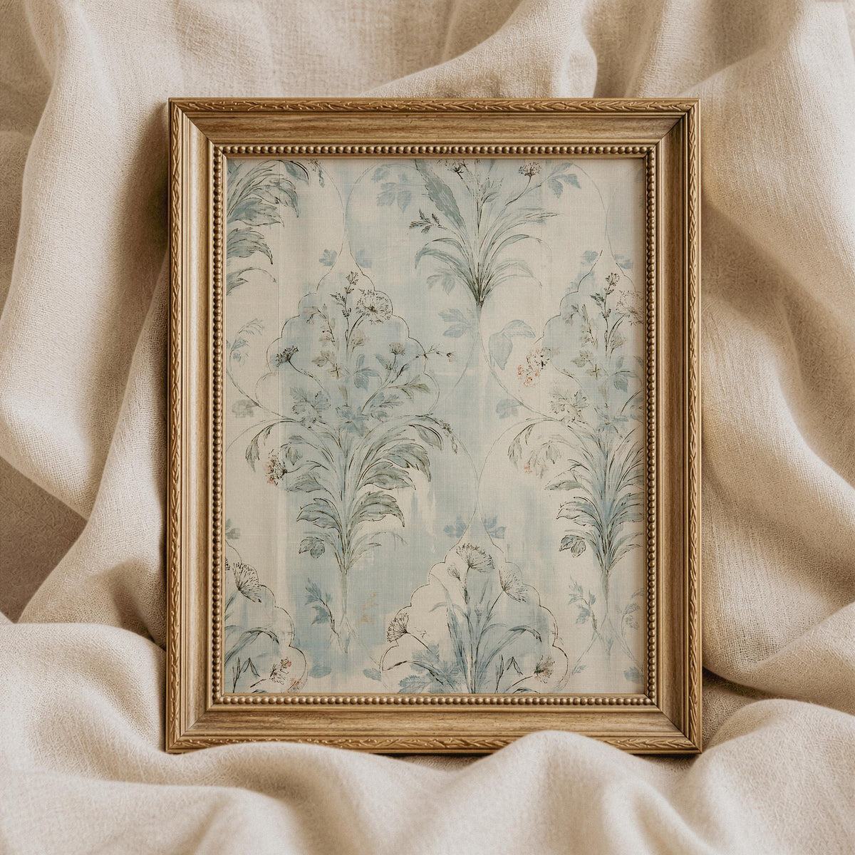 Aged textile tapestry picture printable art — ornamental botanical sprays in pale dusty blue and sage green