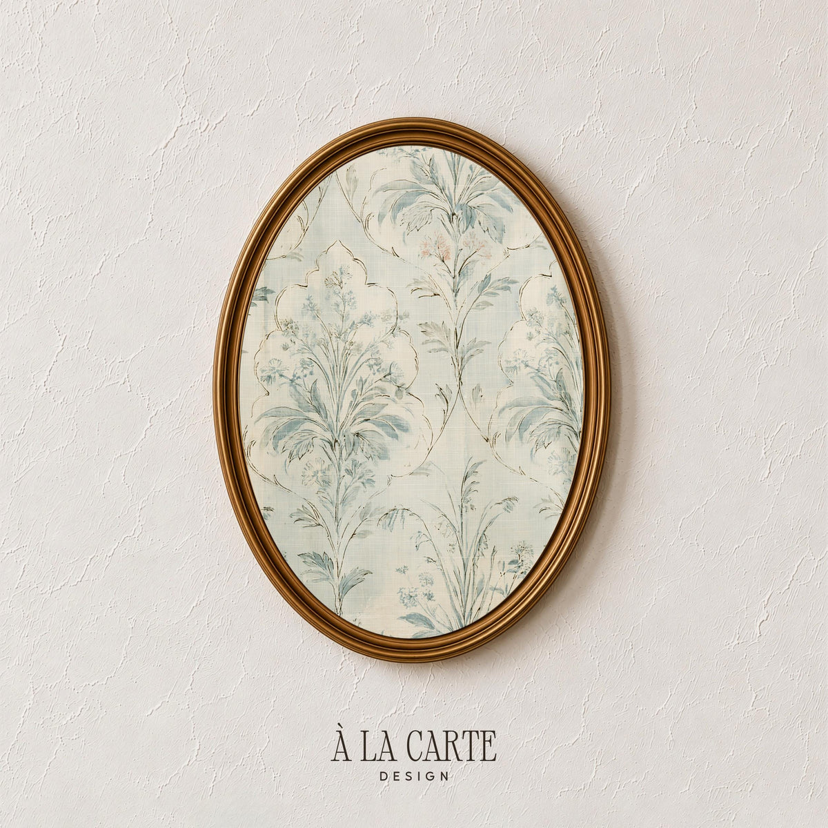 Ornamental botanical damask digital print featuring leafy motifs arranged in diamond lattice with antique finish