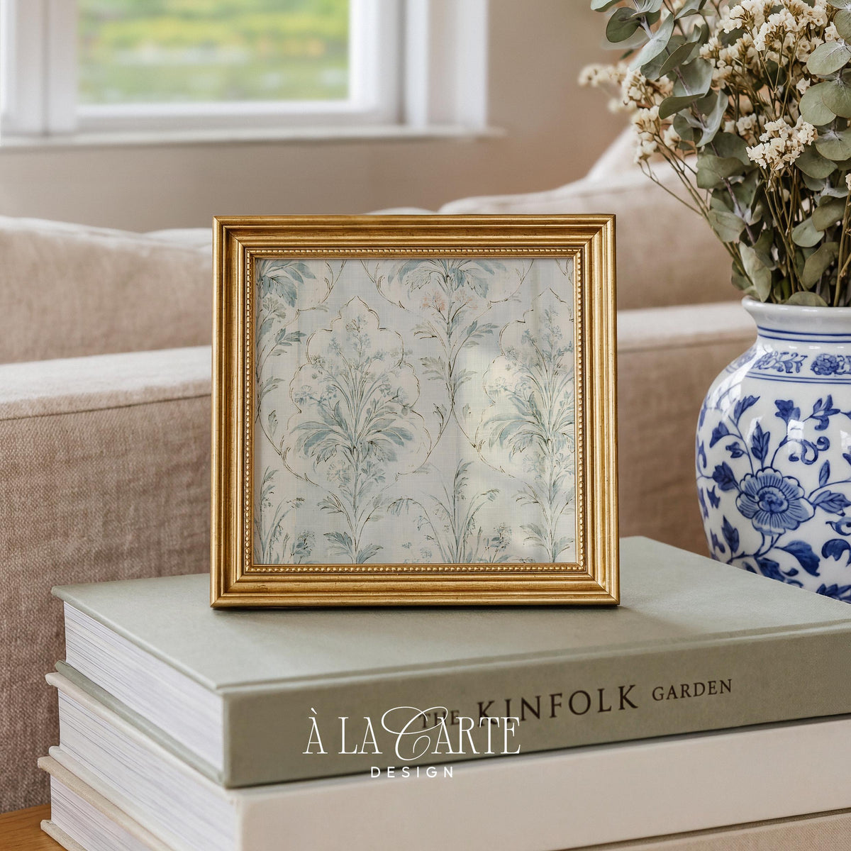 Refined botanical frond poster for entryway featuring damask lattice pattern in sage, dusty blue, and cream