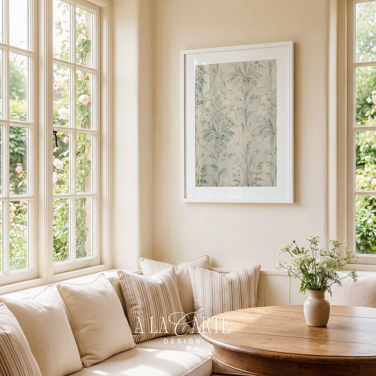 Heritage textile pattern printable for dining room — elegant damask design with botanical elements in faded tones