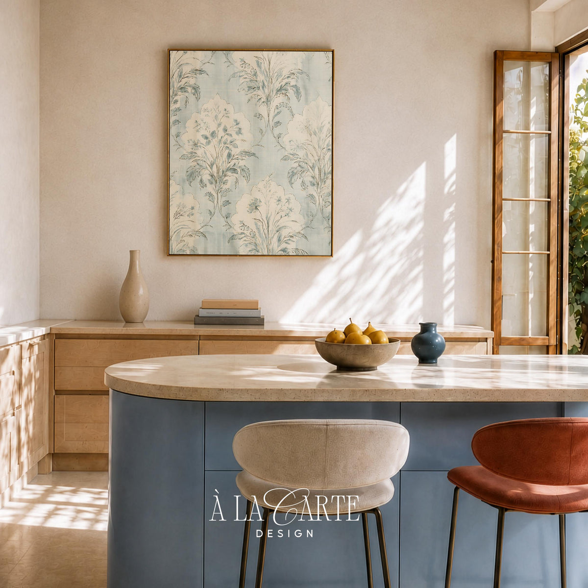 Grandmillennial botanical digital print — pale blue vintage textile with romantic aged charm