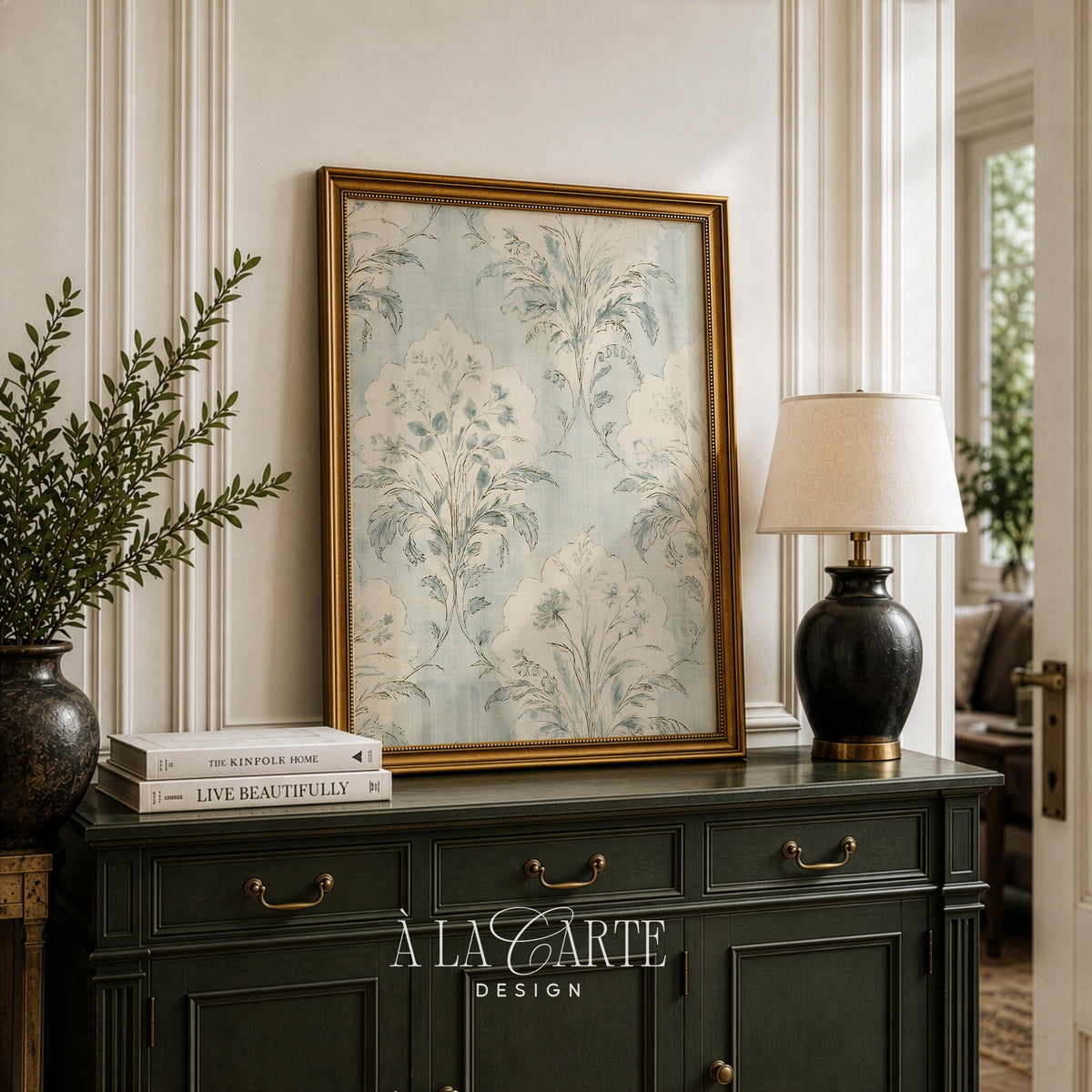Grandmillennial botanical wall art featuring classic damask florals with heritage charm