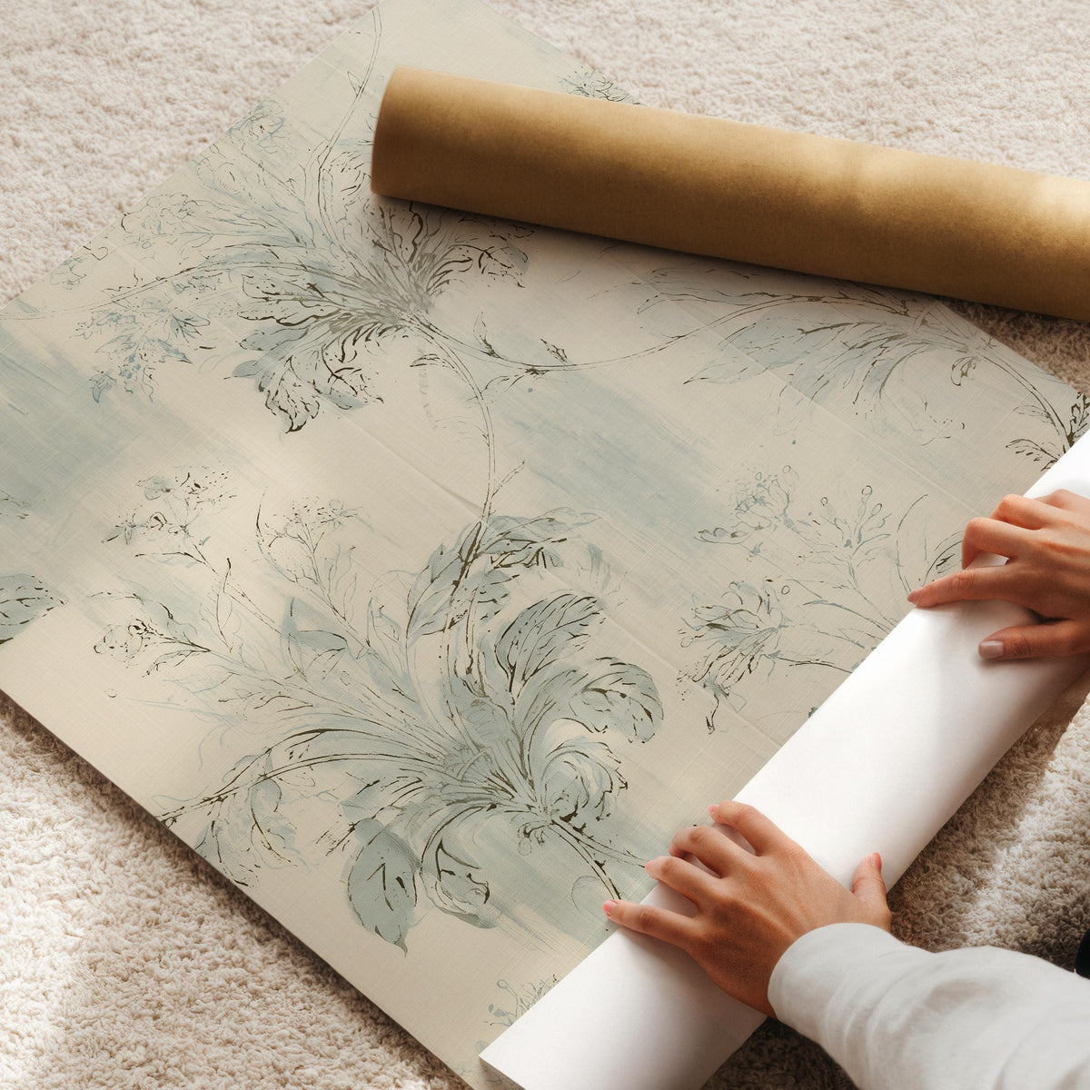 Antique Blue Tapestry Wall Art, Vintage Floral Textile Print, Pale Blue Botanical Pattern, Grandmillennial Decor, Printable Fabric Art V153
