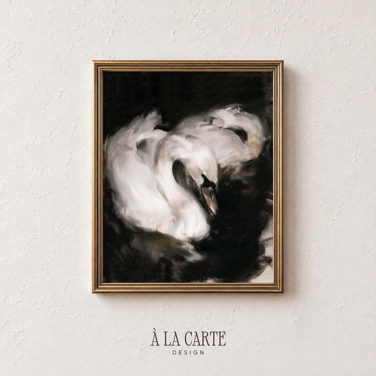 Large statement swan artwork for living space — dramatic interplay of light and shadow with painterly style