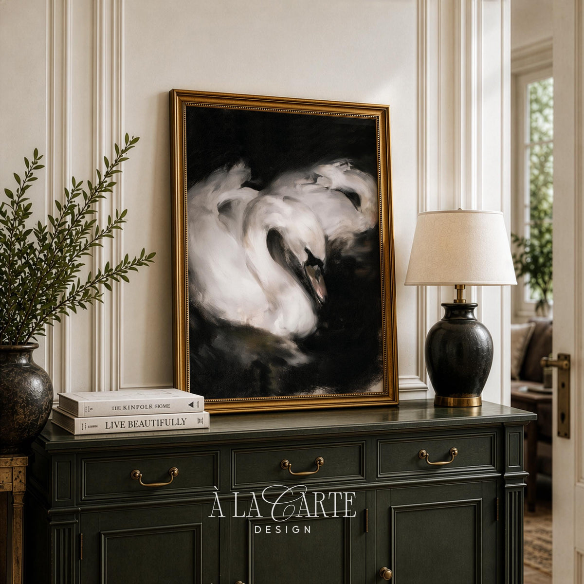 Pair of swans painting printable art for bedroom — luminous white birds on moody black background