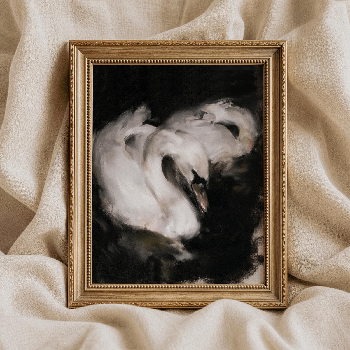 Swan wall art digital print — romantic vintage-inspired imagery with soft brushwork and dramatic atmosphere