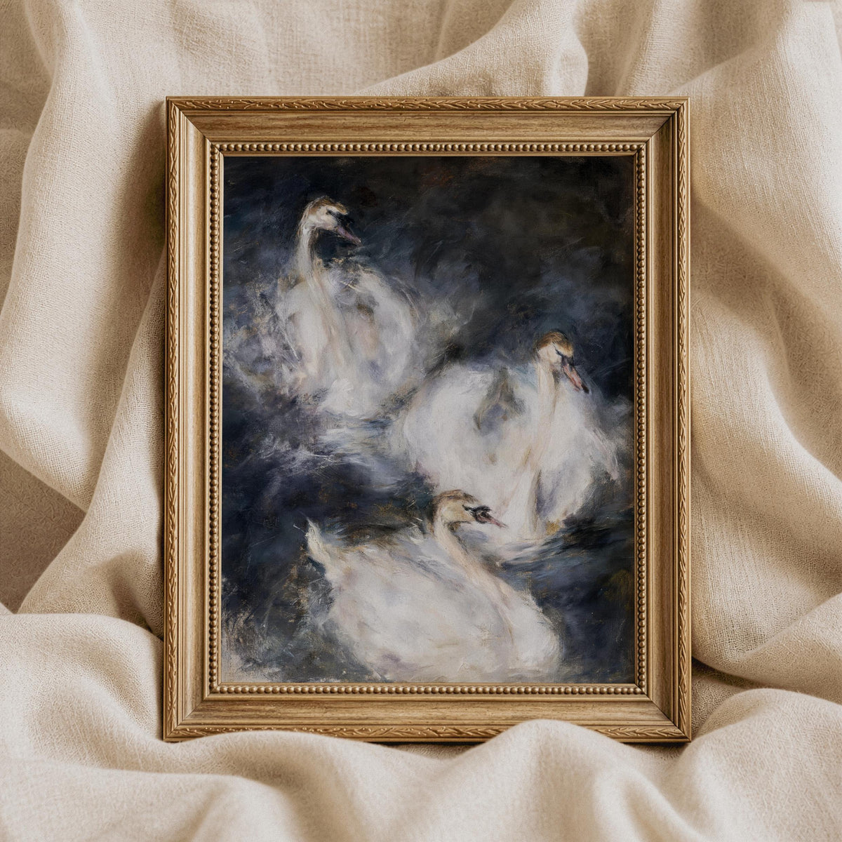 Ethereal swan lake wall art for bedroom — moody atmospheric design with soft highlights and dark romantic mood