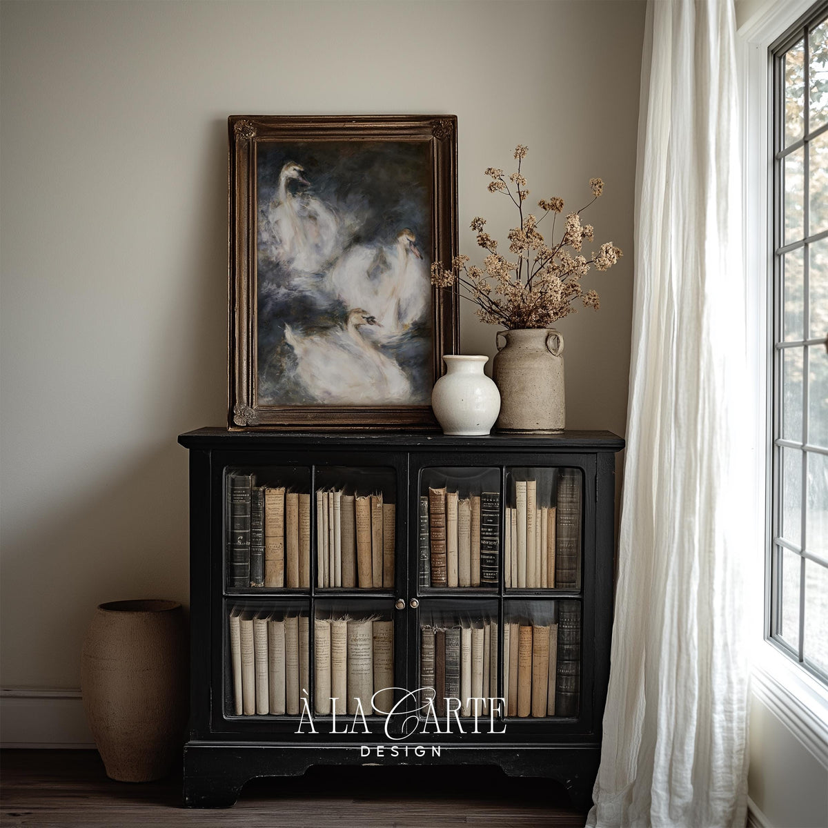 Vintage swan artwork for above bed decor — mysterious romantic painting with deep blue and black tones
