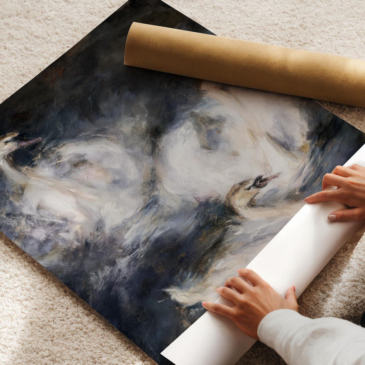 Elegant bird painting printable featuring three white swans amid swirling mysterious water textures