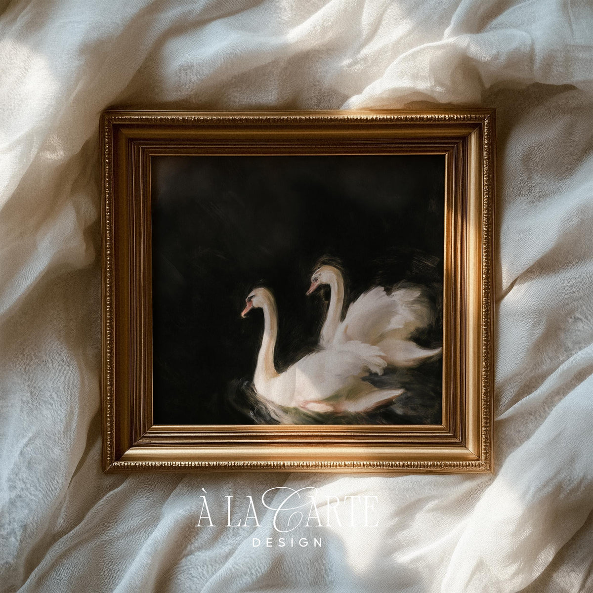Vintage swan artwork digital download for entryway — moody romantic aesthetic with painterly brushwork and charcoal tones