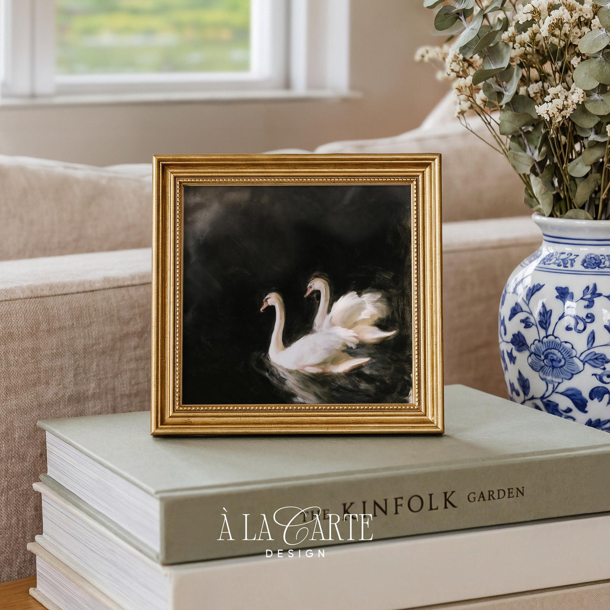 Two white swans gliding on dark water printable art for bedroom — moody vintage painting with atmospheric brushwork