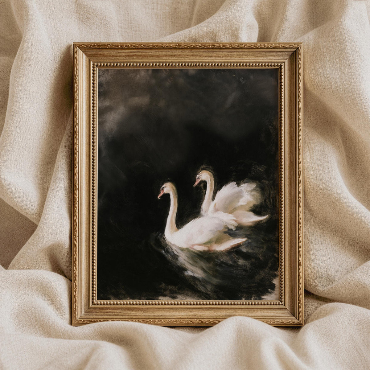 Dramatic swan lake wall art printable for bedroom — sophisticated vintage-style picture with textured brushstrokes and atmospheric depth