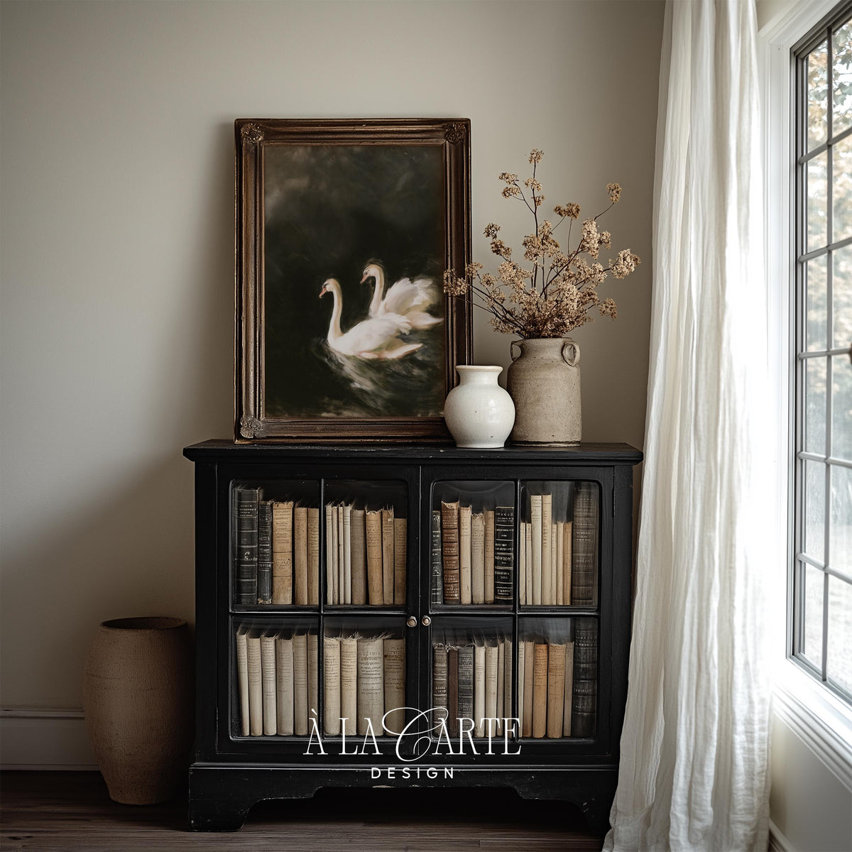 Vintage waterfowl print for living room — expressive large-scale artwork with dark charcoal background and elegant subjects