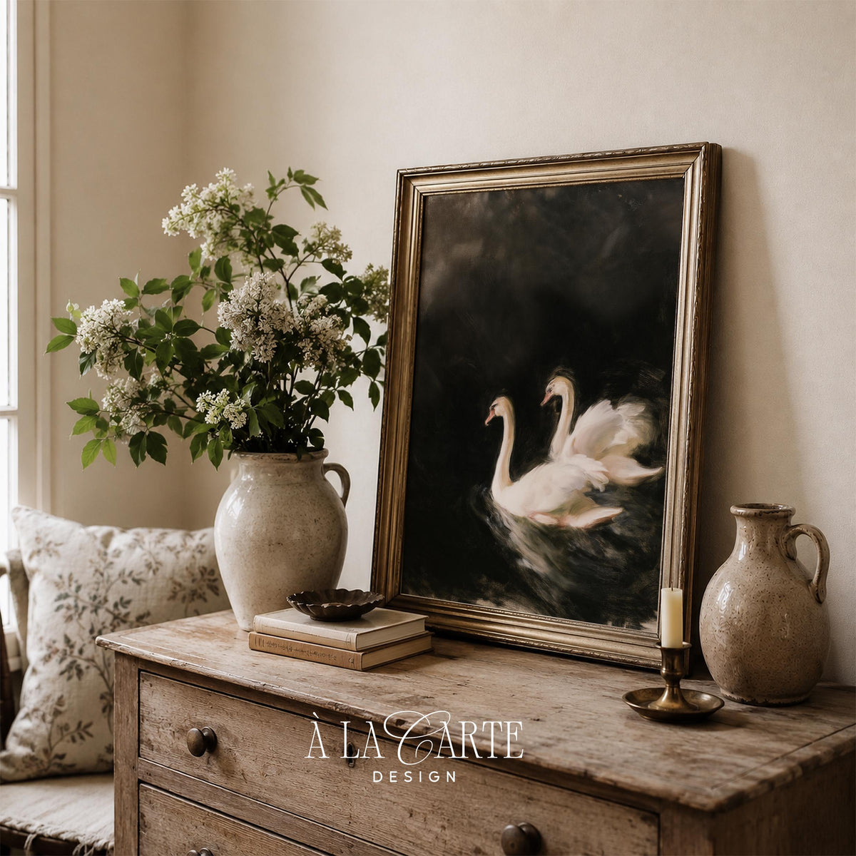 Sophisticated waterfowl print for living room — dark academia decor with luminous subjects and atmospheric depth