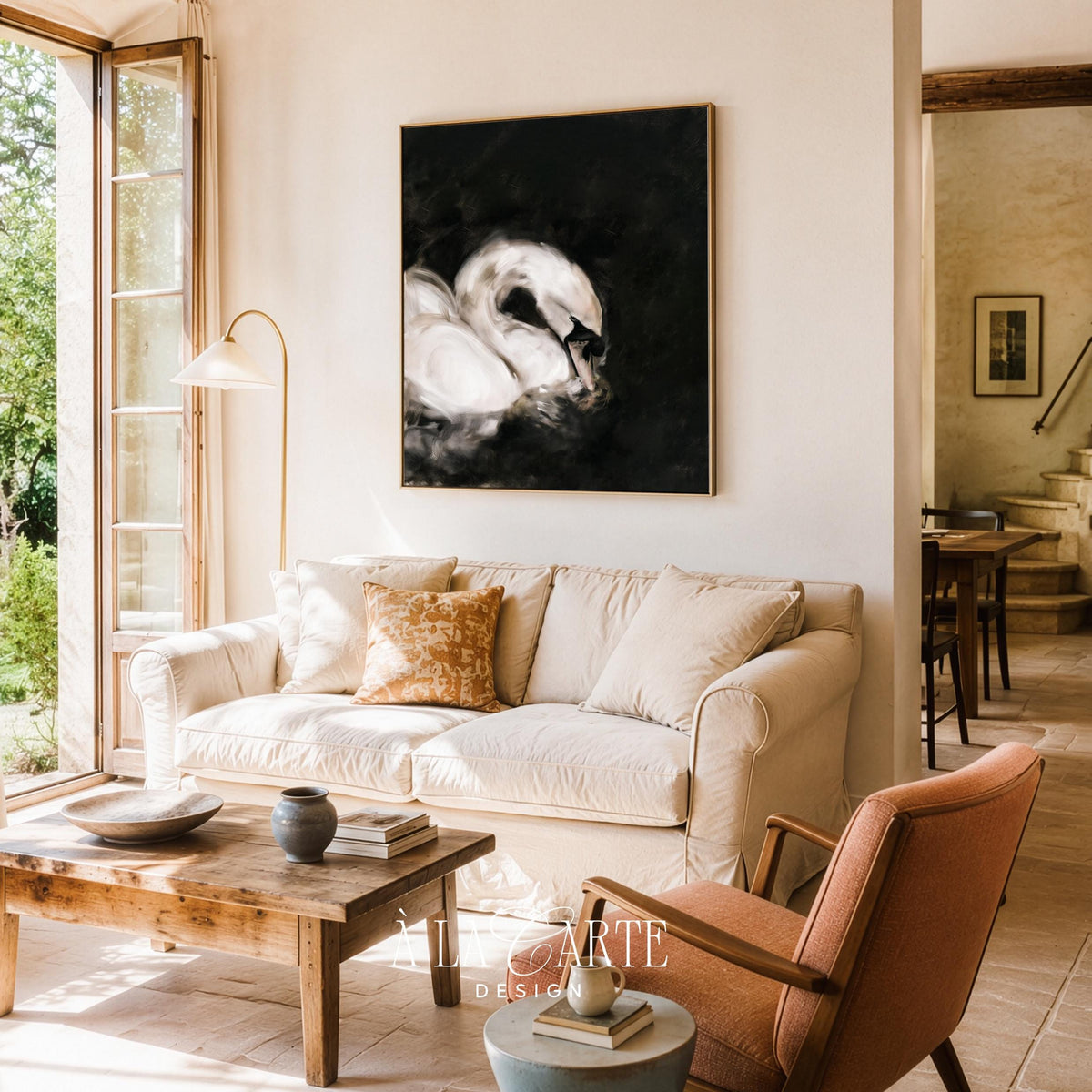 Large wall art featuring elegant swan — cream and charcoal painting with atmospheric quality