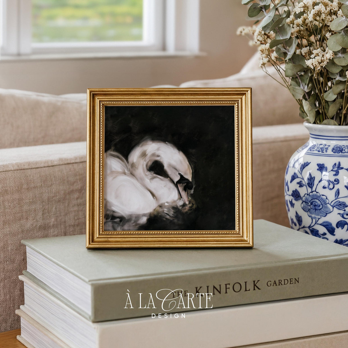 White swan digital print wall art for bedroom — vintage-inspired poultry illustration with dramatic black background