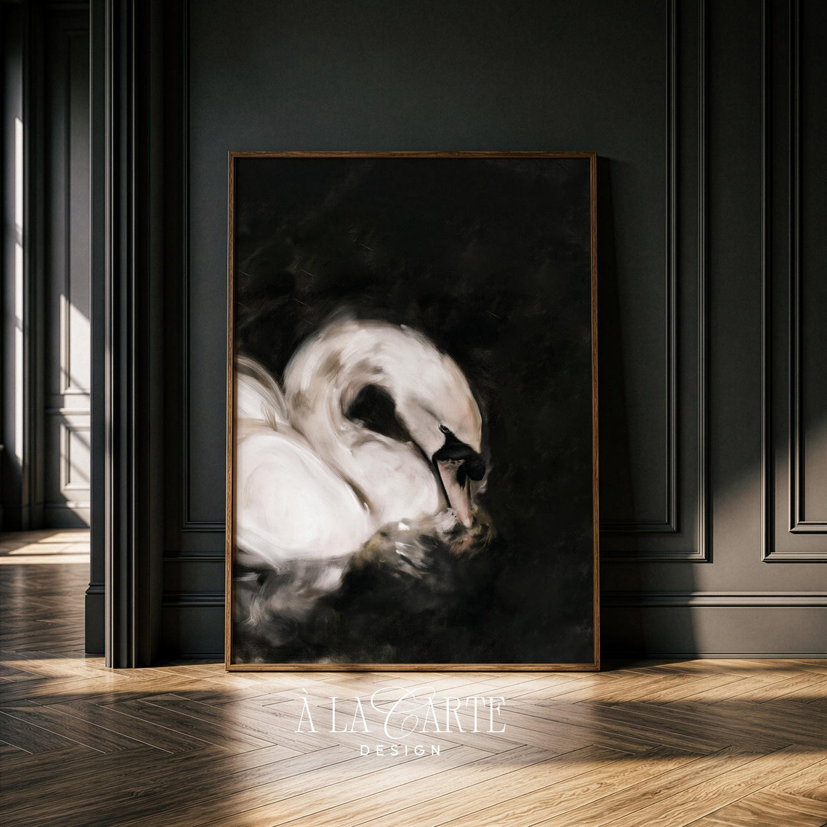 Vintage swan poster wall decor with black background — refined minimalist bird artwork for gallery wall