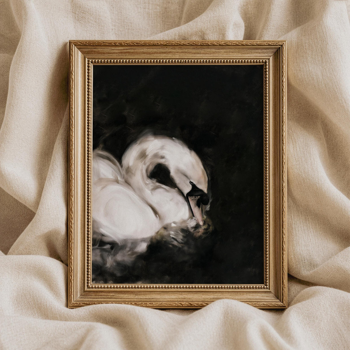Elegant waterfowl print for entryway — muted palette creates striking high-contrast artistic statement