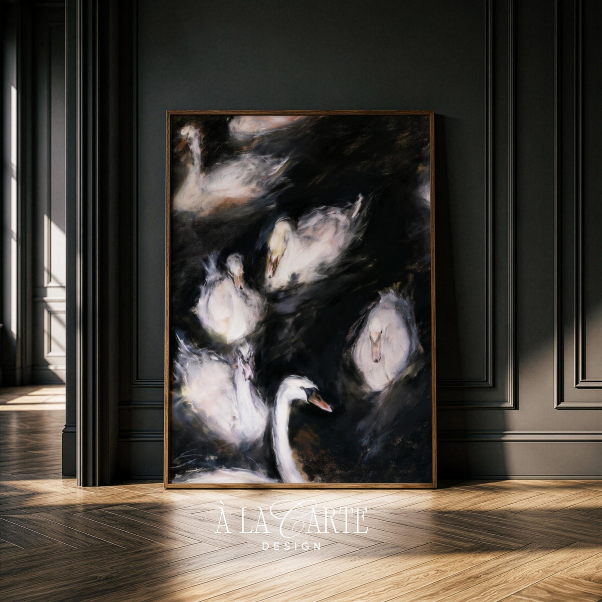 Atmospheric waterfowl wall art for bedroom — mysterious shadowy palette and painterly feather details