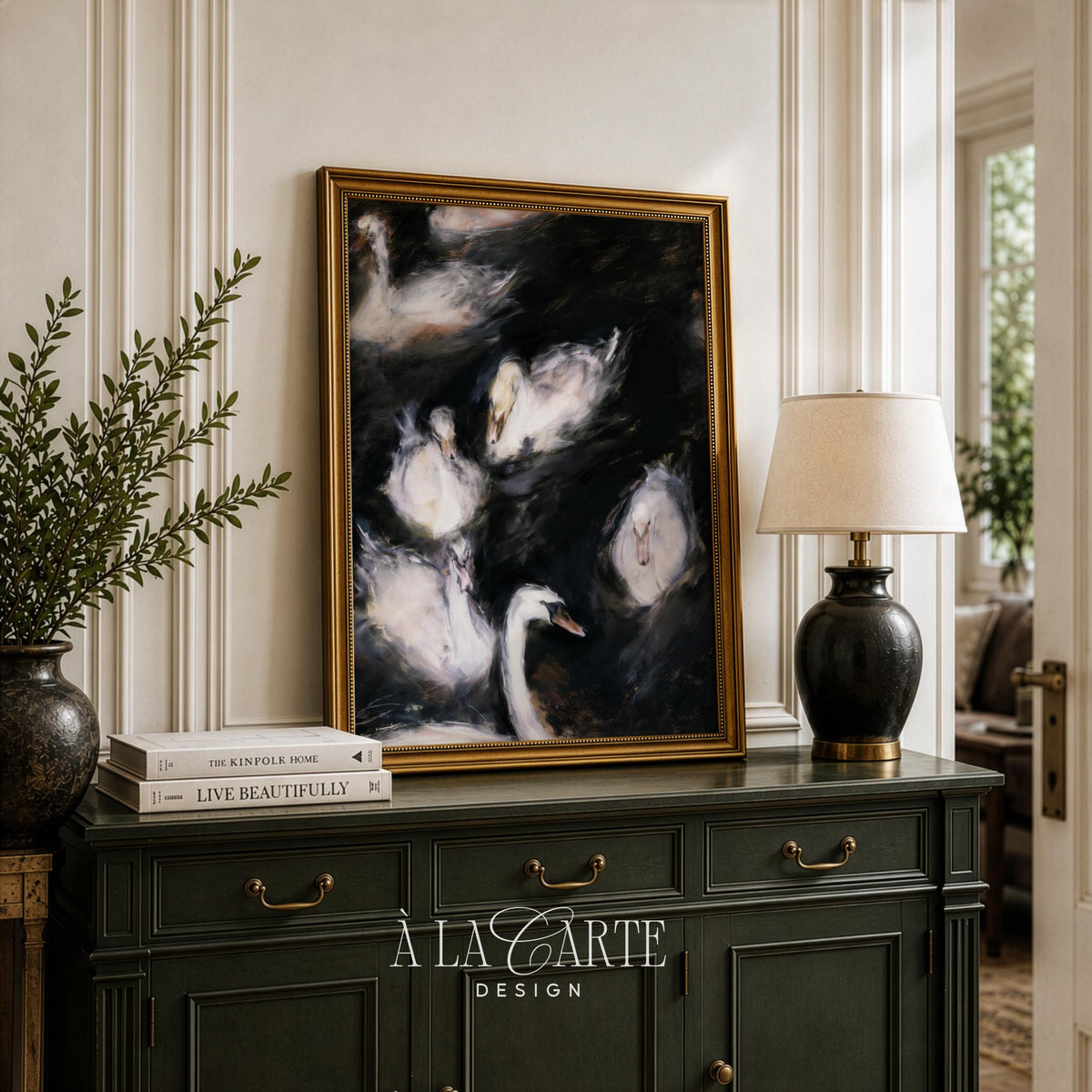 White swans swimming poster art for living room — moody dark water with soft luminous brushstrokes