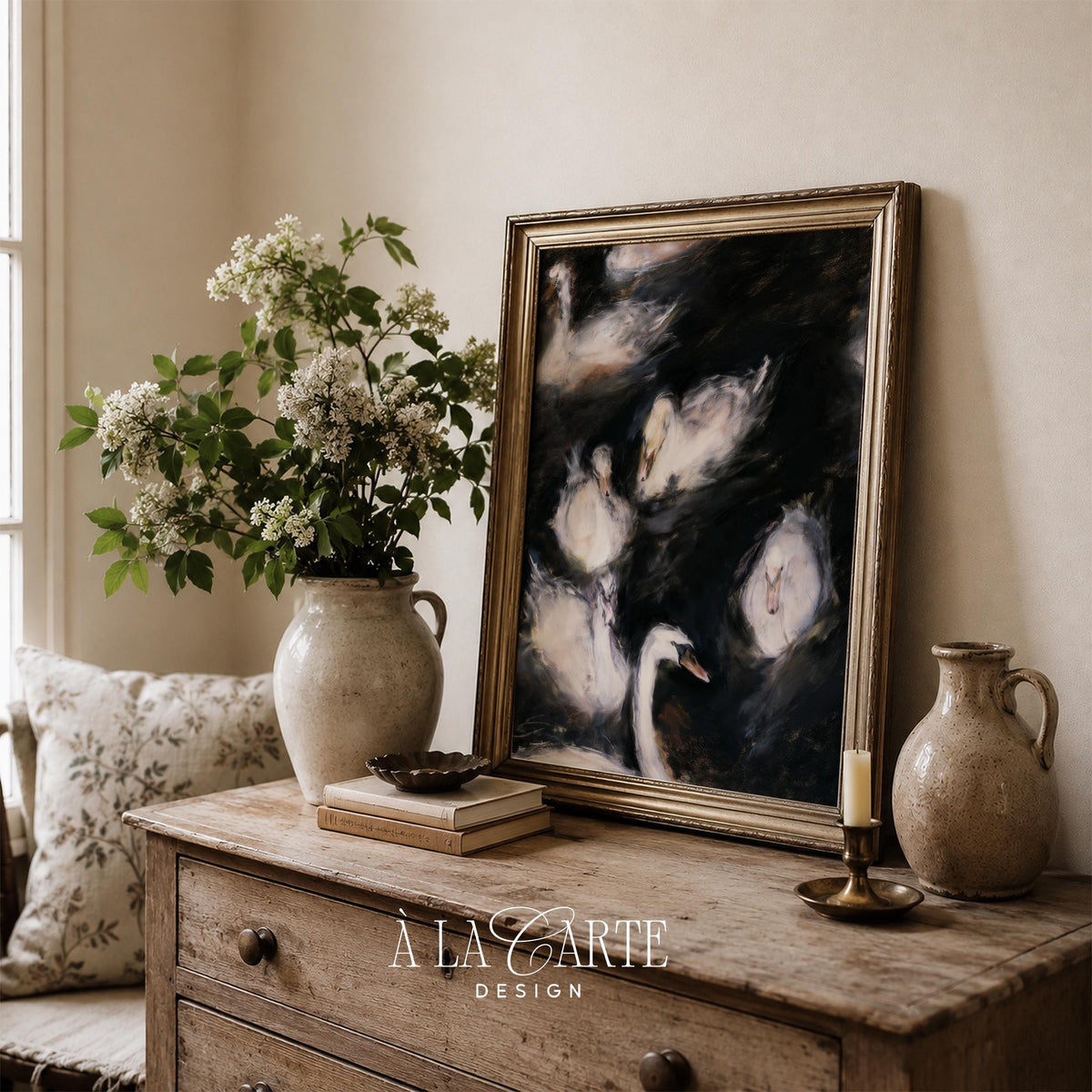 Cluster of swans digital print for gallery wall — deep inky background with refined artistic brushwork