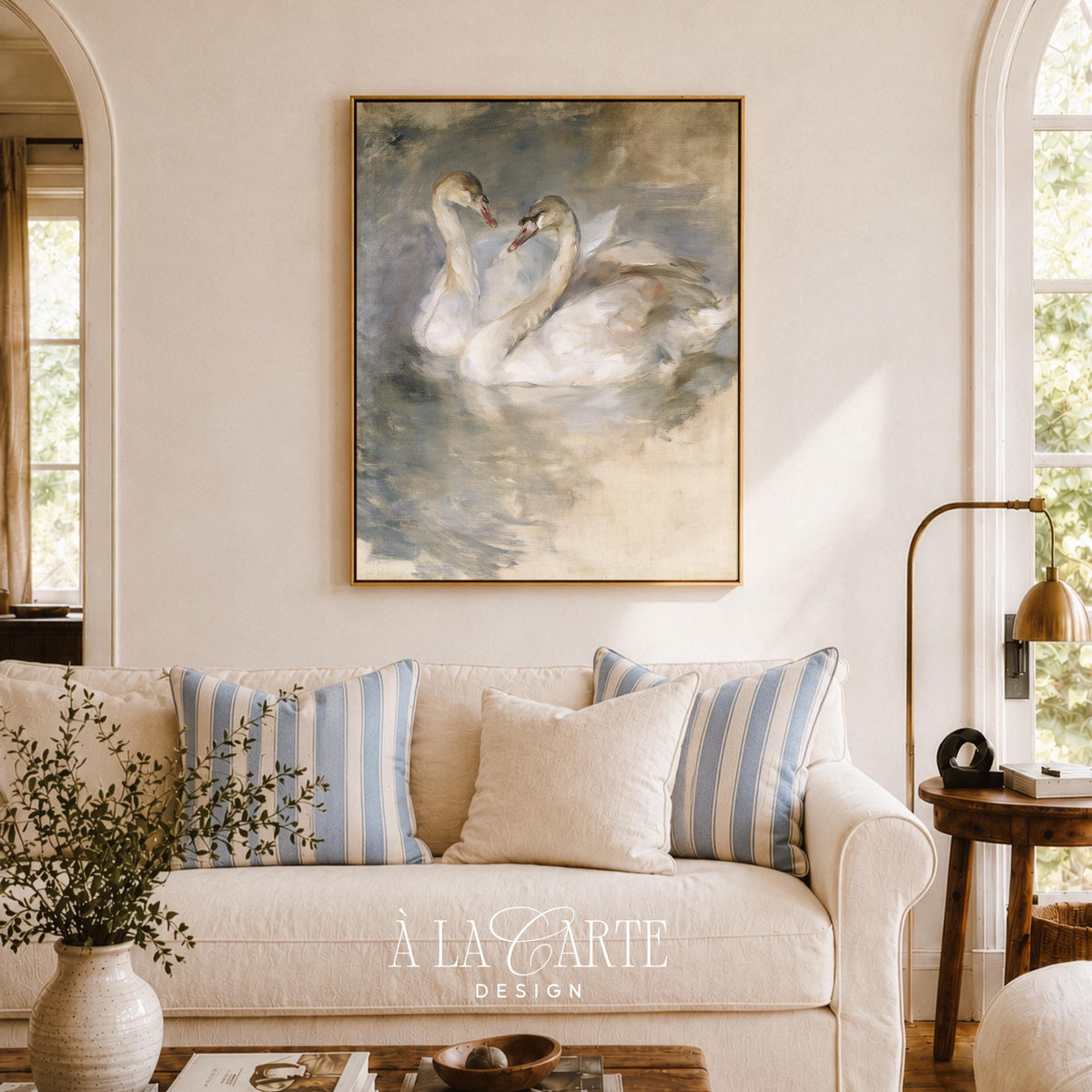 Pair of swans wall art printable — elegant cottagecore aesthetic with loose painterly technique and tranquil mood