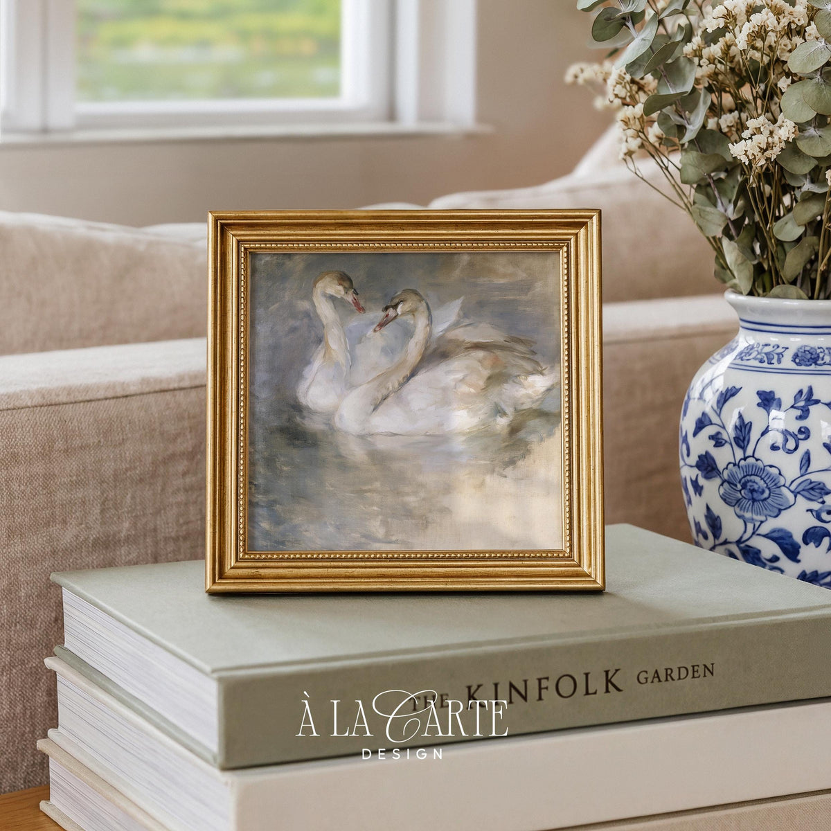 Graceful water birds poster for entryway — vintage aesthetic with creamy taupe palette and intimate emotional mood