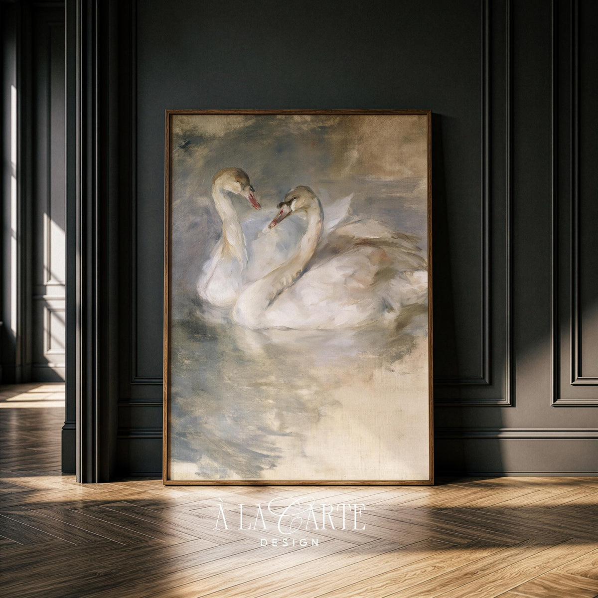 Swans touching necks printable wall art — soft vintage painting featuring muted palette and peaceful artistic ambiance