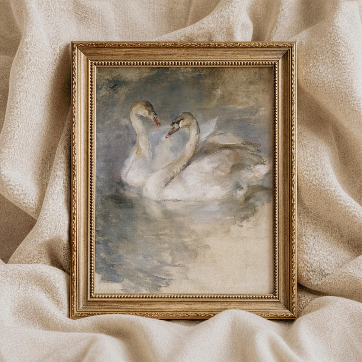 Swan ballet wall print for living room — elegant vintage artwork with gentle reflections and atmospheric depth
